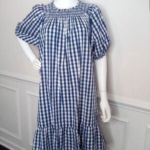 LAKE Veranda Navy and White Gingham Smocked Neck Dress